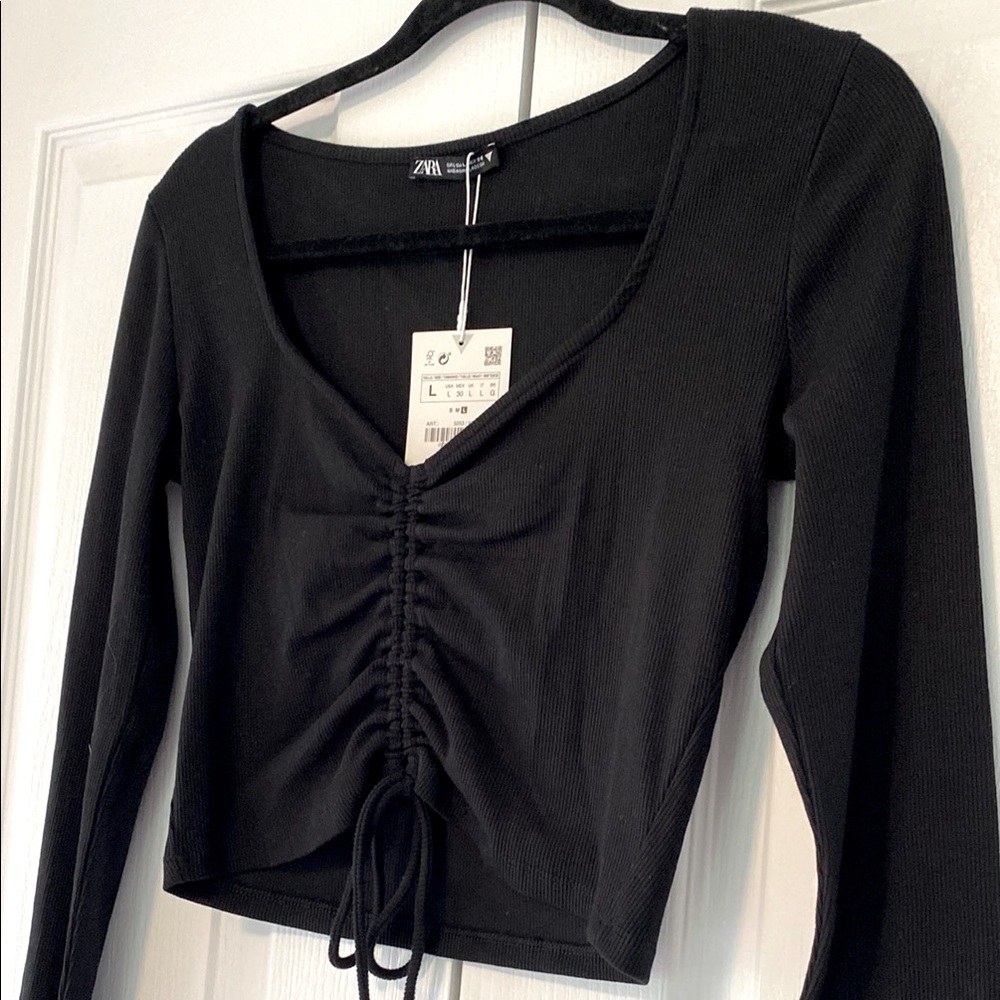 NWT Zara Black Ruched Long Sleeve Top - Picture 3 of 8